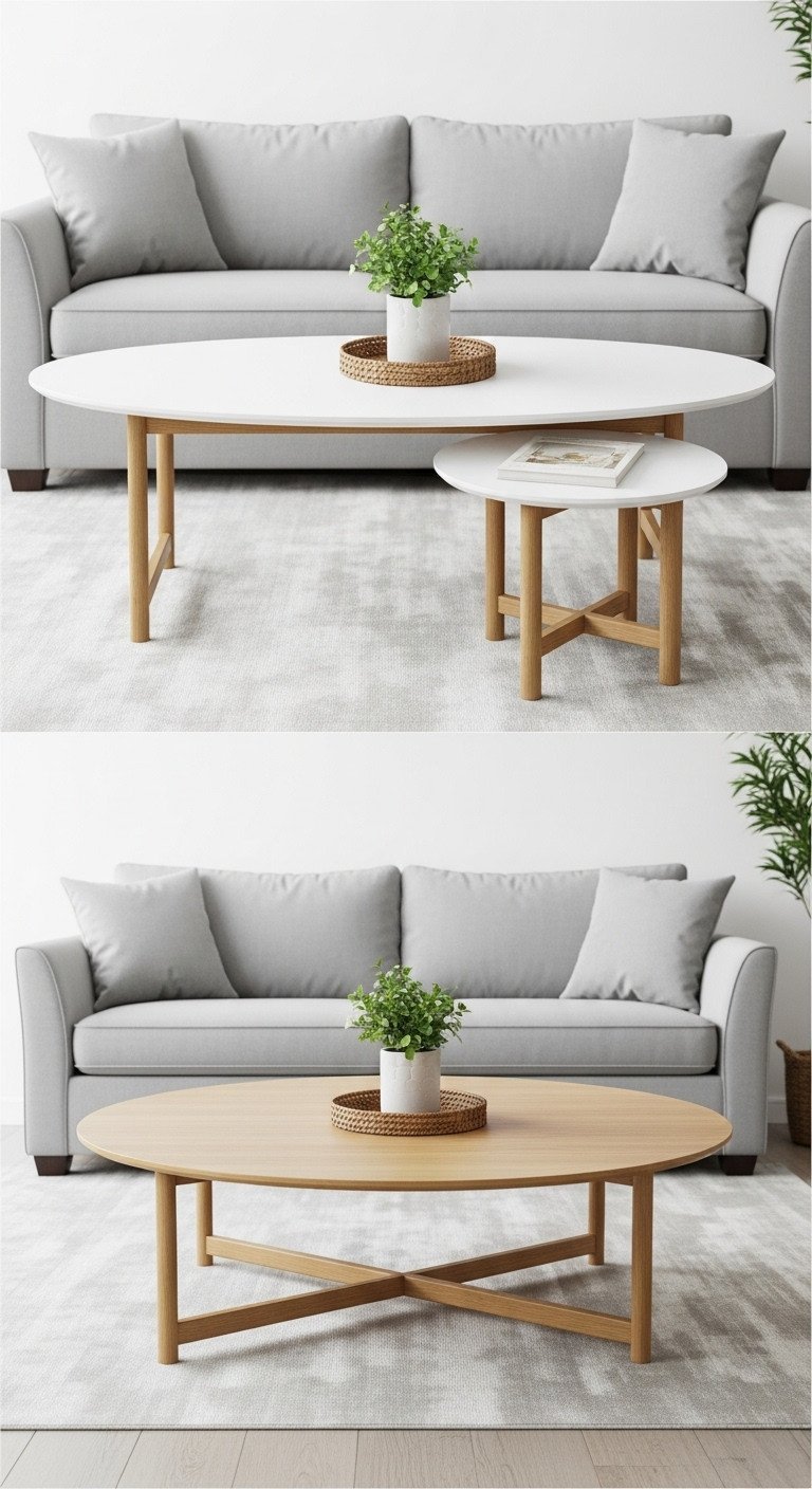 Smart Oval Coffee Table Ideas to Elevate Your Living Room 17 Side-by-side comparison of oval and round coffee tables, illustrating space-saving and footprint in a modern living room.