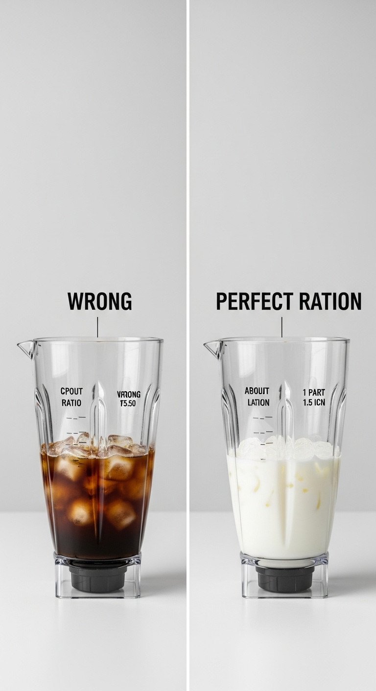 Side-by-side comparison of two blender carafes showing the wrong vs. the perfect ice-to-liquid ratio for a creamy frappe.