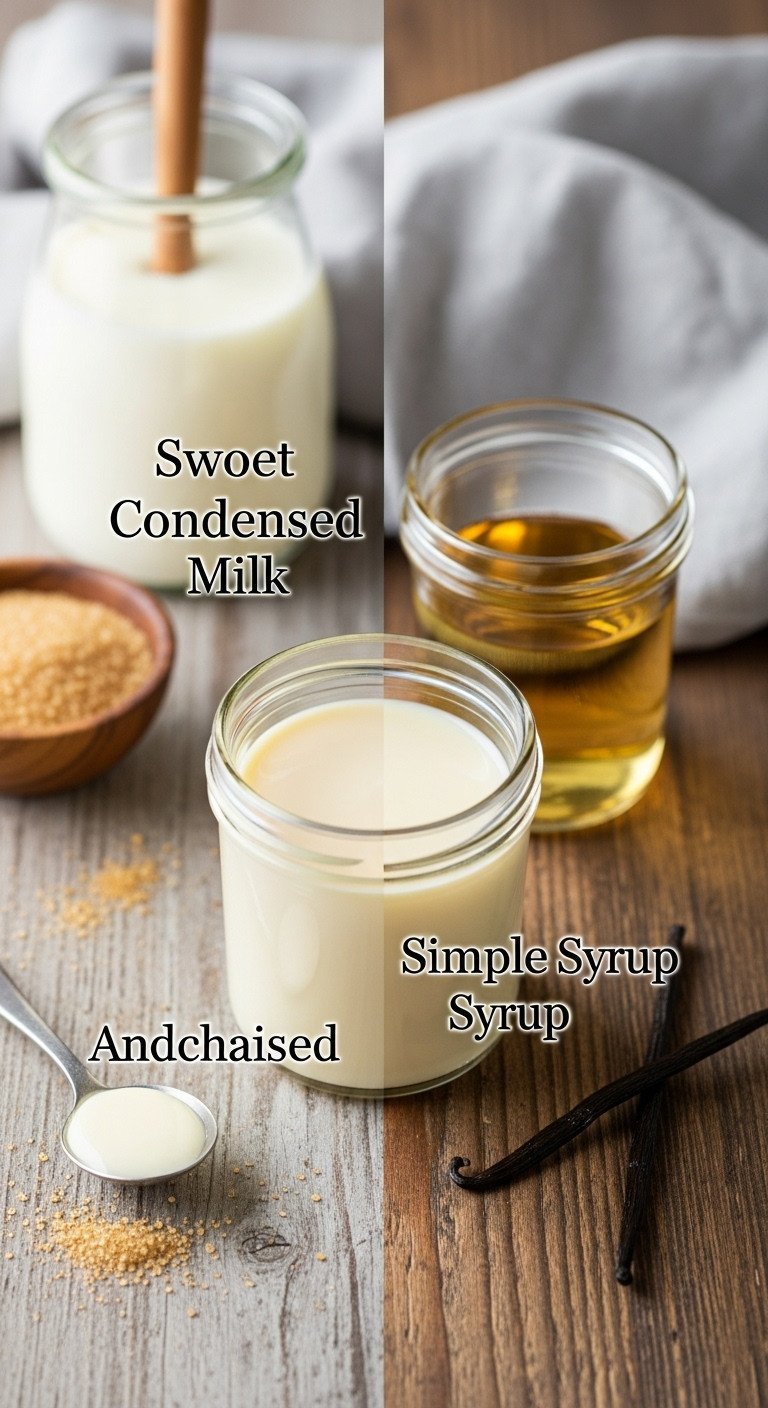 Blue Milk Tea Recipe And Secrets For Perfect Boba 7 Side-by-side glass jars showing creamy condensed milk next to clear simple syrup on a rustic table with a vanilla bean.