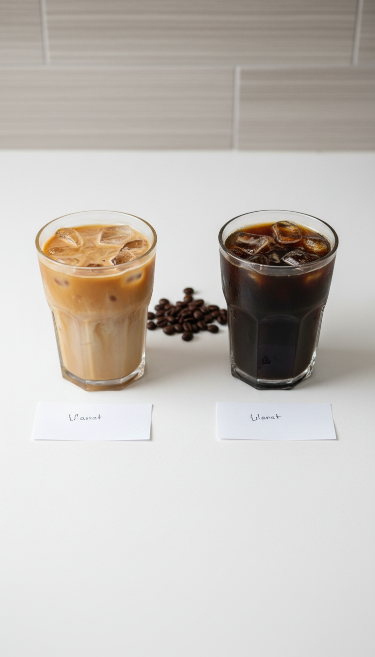 Side-by-side iced coffee comparison: light brown and dark cold brew in clear glasses on a white kitchen island.