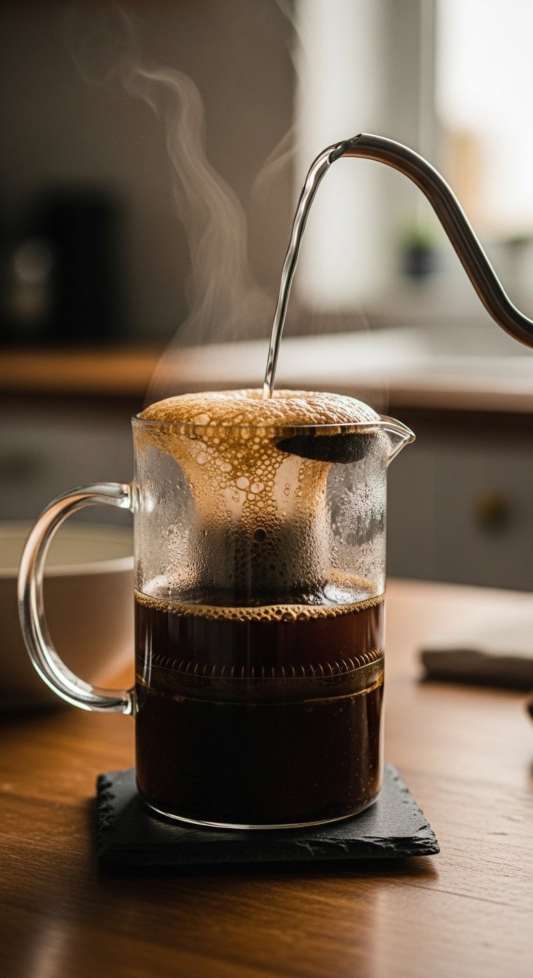 Side-profile close-up of the coffee bloom in a glass French press, showing a frothy crust on the coarse grounds.