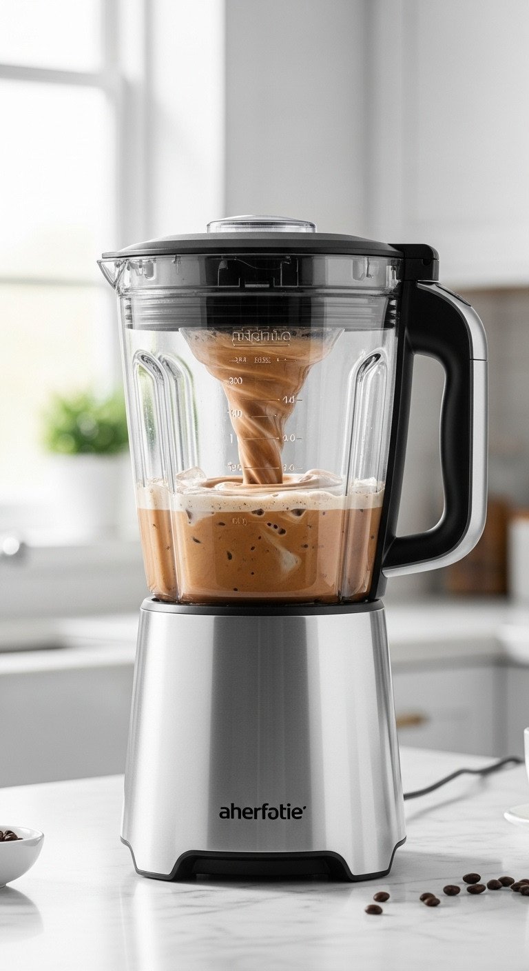 Side profile of a sleek modern blender in action, creating a smooth vortex in a creamy coffee frappe on a marble counter.
