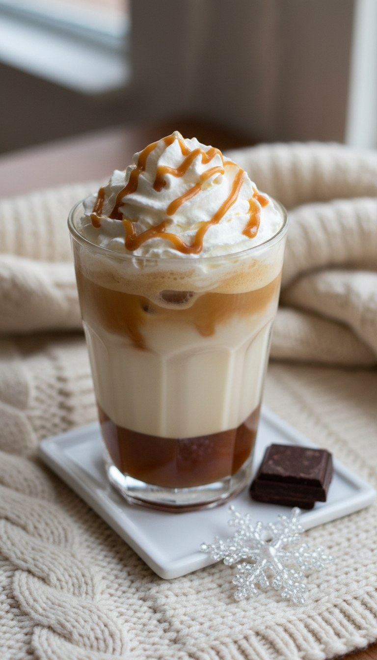 Dunkin Iced Coffee Espresso: Master Your Custom Order 13 Signature iced latte with whipped cream, delicious drizzle, and espresso layers in a cup on a coaster with chocolate.