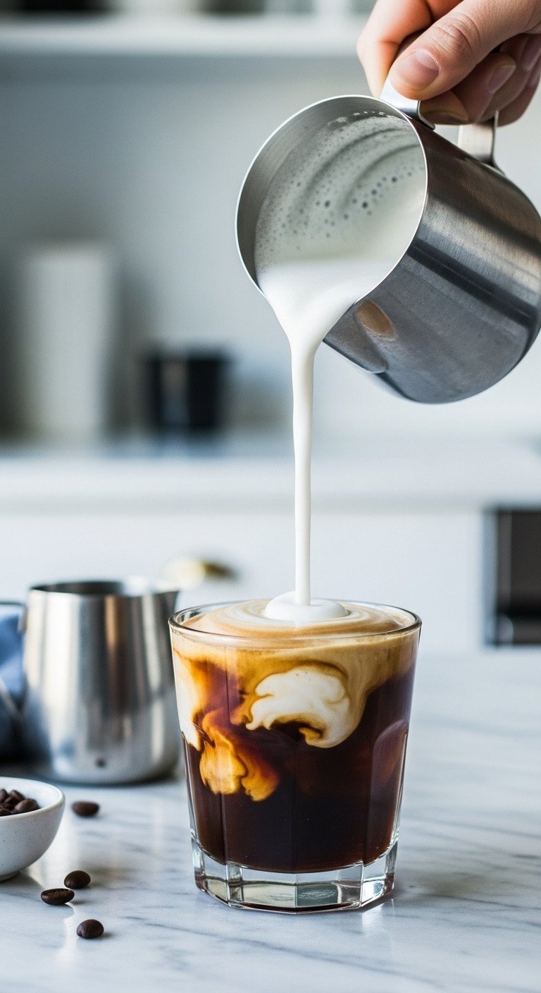 Silky white cold foam being poured into a glass of dark cold brew coffee, creating elegant swirls on a marble countertop.