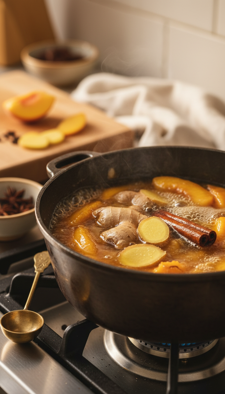 Easy Homemade Peach Coffee Syrup for Perfect Lattes 7 Simmering peach syrup with fresh ginger slices and a cinnamon stick on a stovetop. Homemade infused peach syrup.