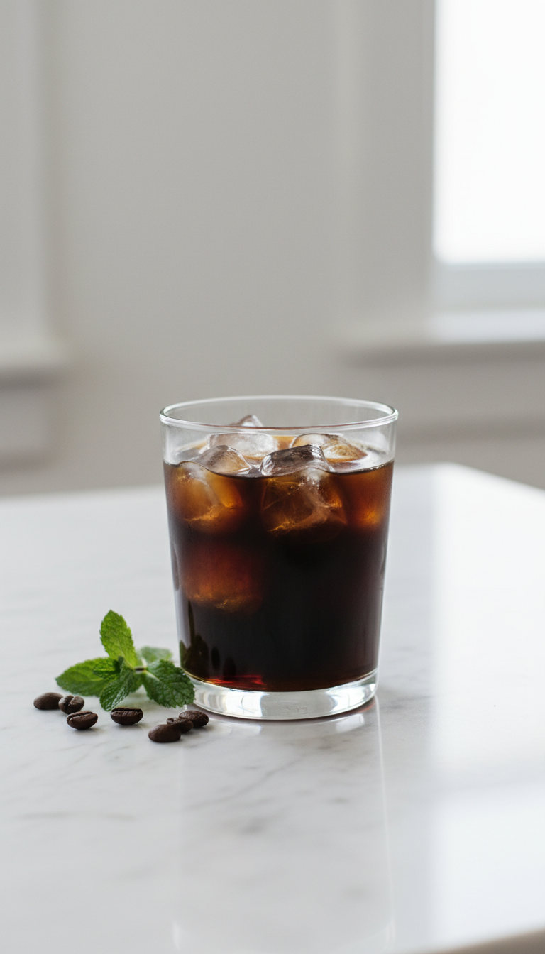 Healthy Dunkin Iced Coffee 7 Proven Low-Calorie Drinks 11 Simple black iced coffee with large ice cubes in a minimalist glass on a white marble counter, with coffee beans.