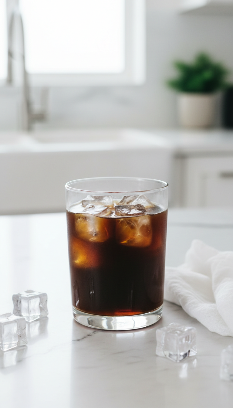 Dunkin' Sugar Free Iced Coffee: 11 Best Healthy Orders 13 Simple minimalist iced coffee in a clear glass on white marble, crisp, fresh, elegant napkin, bright daylight.