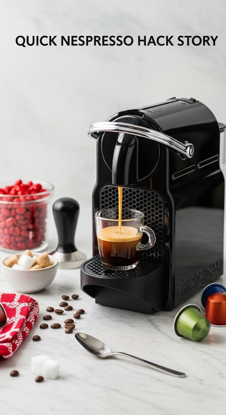 Sleek Nespresso machine brewing a festive coffee drink into an elegant cup, with colorful seasonal capsules nearby.