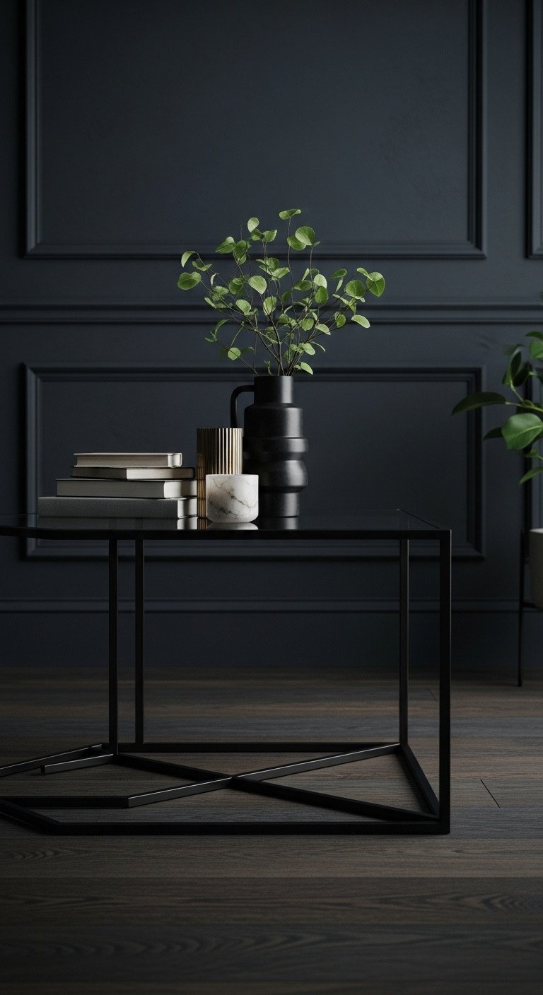 Sleek black metal and glass Scandinavian coffee table, minimalist design, geometric structure, perfect for modern living rooms.