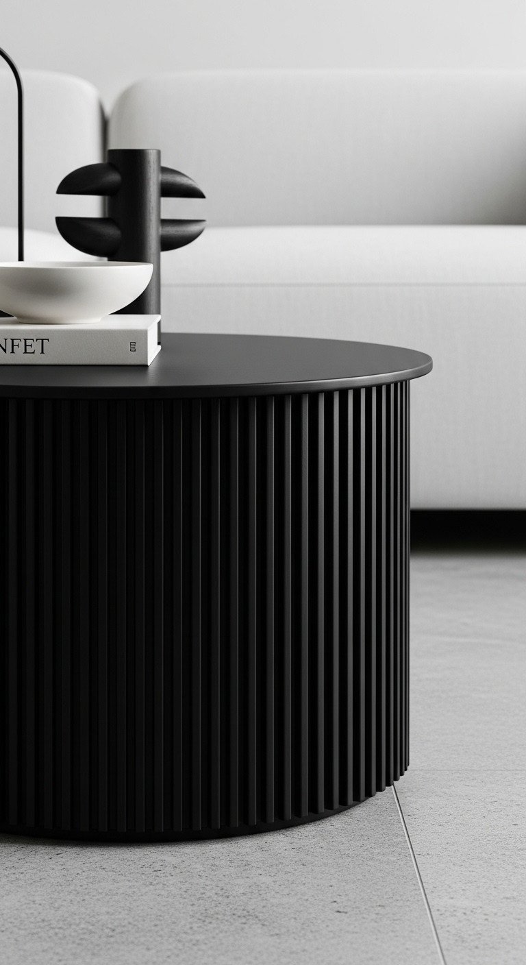 Sleek black ribbed coffee table with matte finish, defined texture on a gray stone floor in a modern living room.