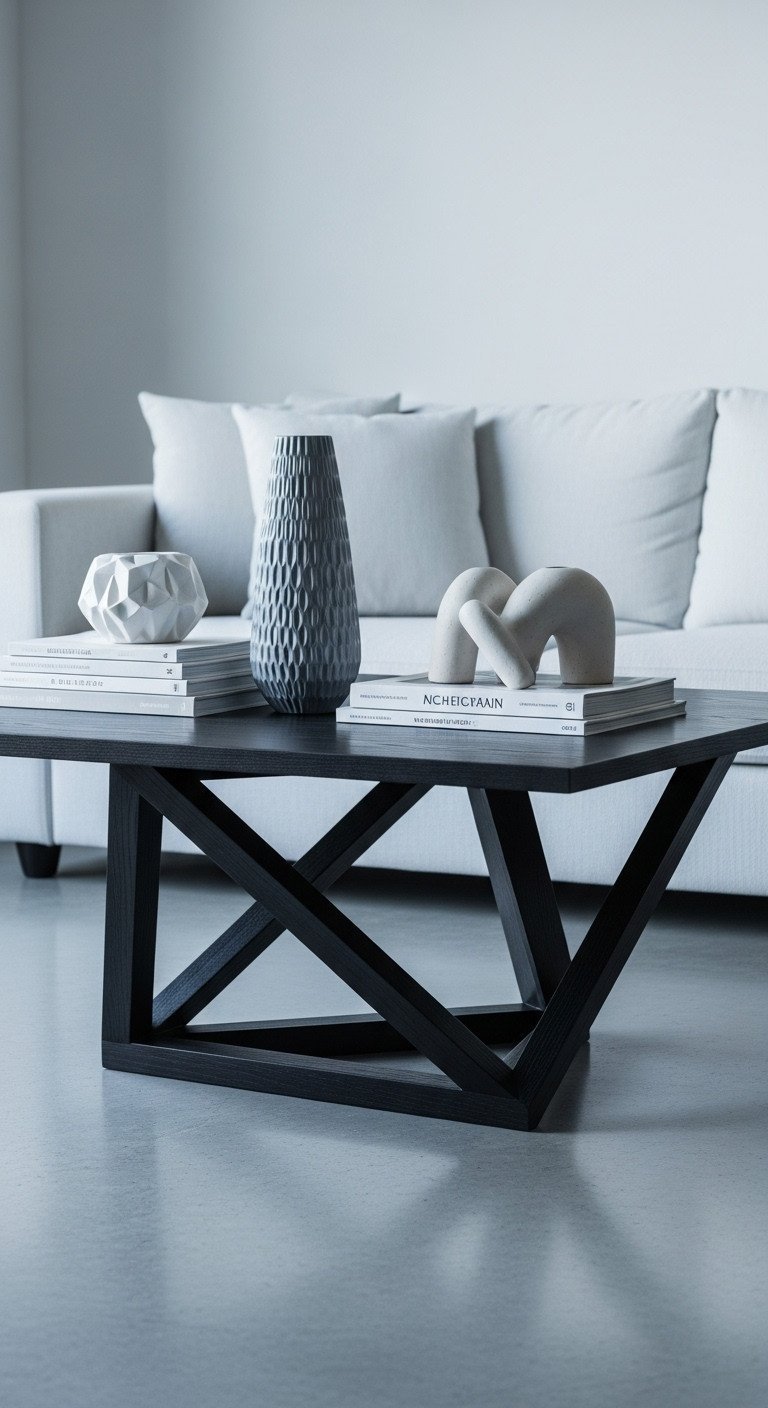 7 Unique Wood Coffee Table Styles For Your Home 6 Sleek geometric dark wood coffee table with sharp angles, styled with magazines and a sculptural object.