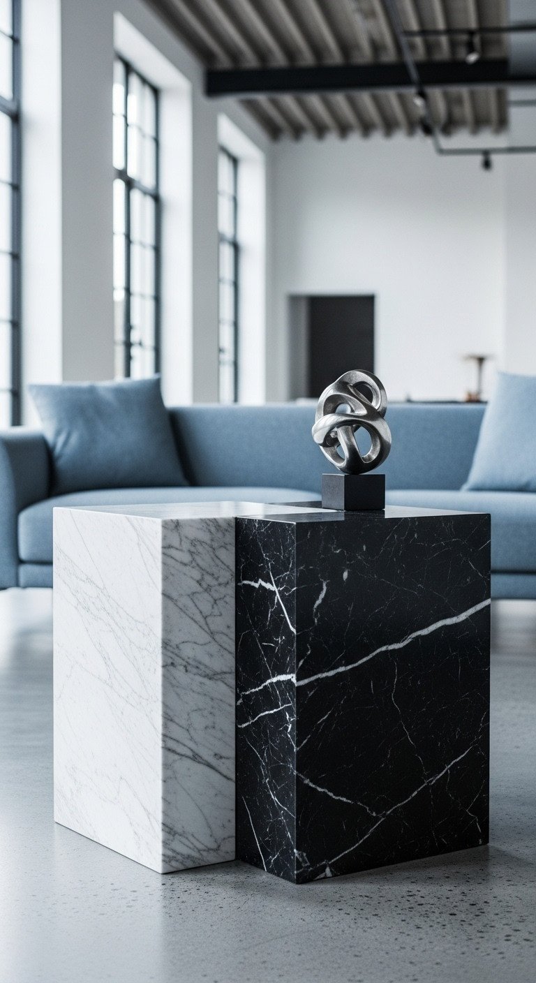 Genius Sculptural Coffee Table Designs For A Stunning Home 3 Sleek geometric marble sculptural coffee table, white Carrara and black Nero Marquina, on polished concrete in a contemporary living room.