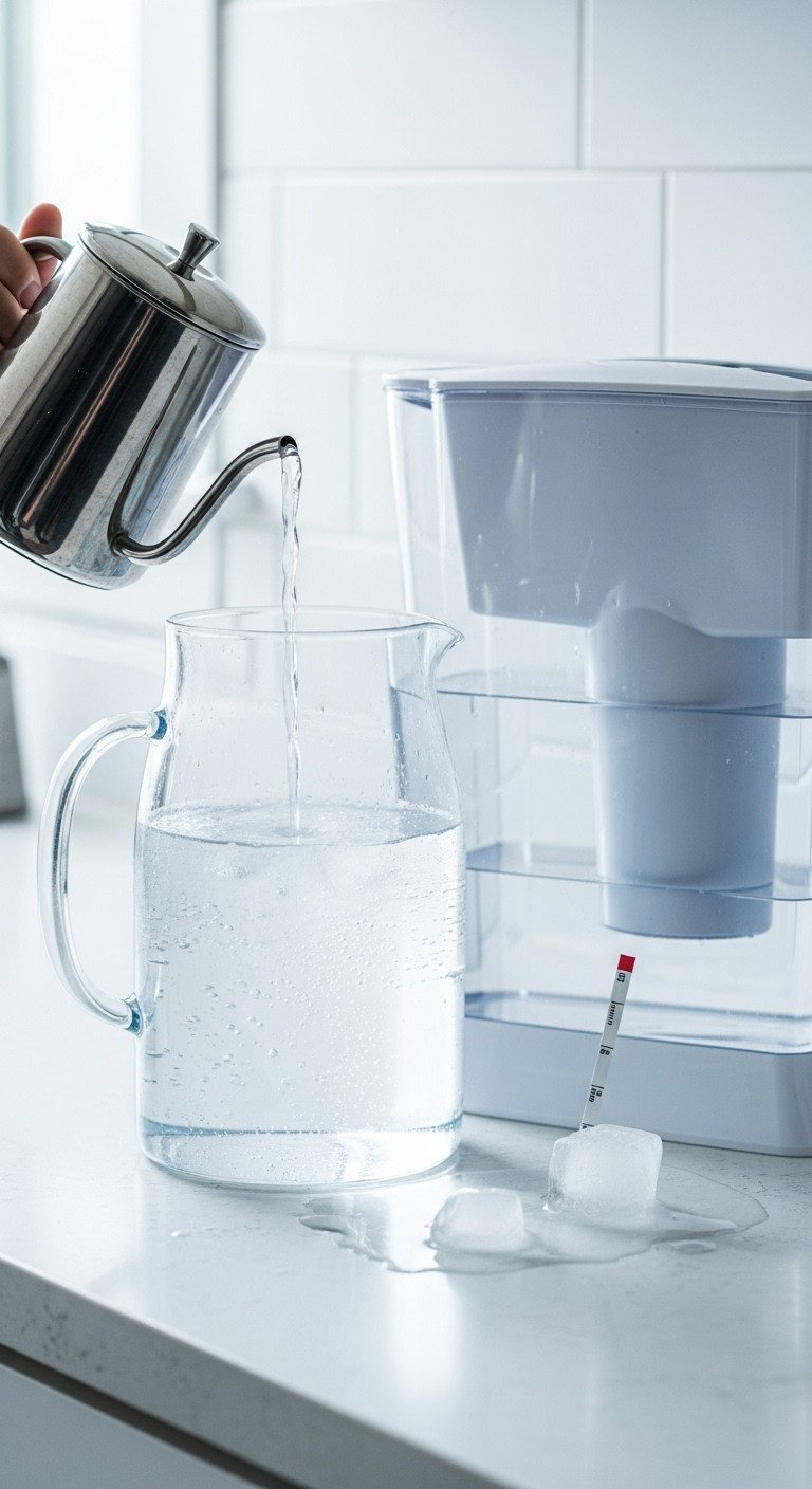 Cold Brew Coffee Master Guide To Smooth Low Acid Ratio Secrets 11 Sleek glass pitcher of purified water next to a high-quality water filter system, emphasizing water clarity for brewing.