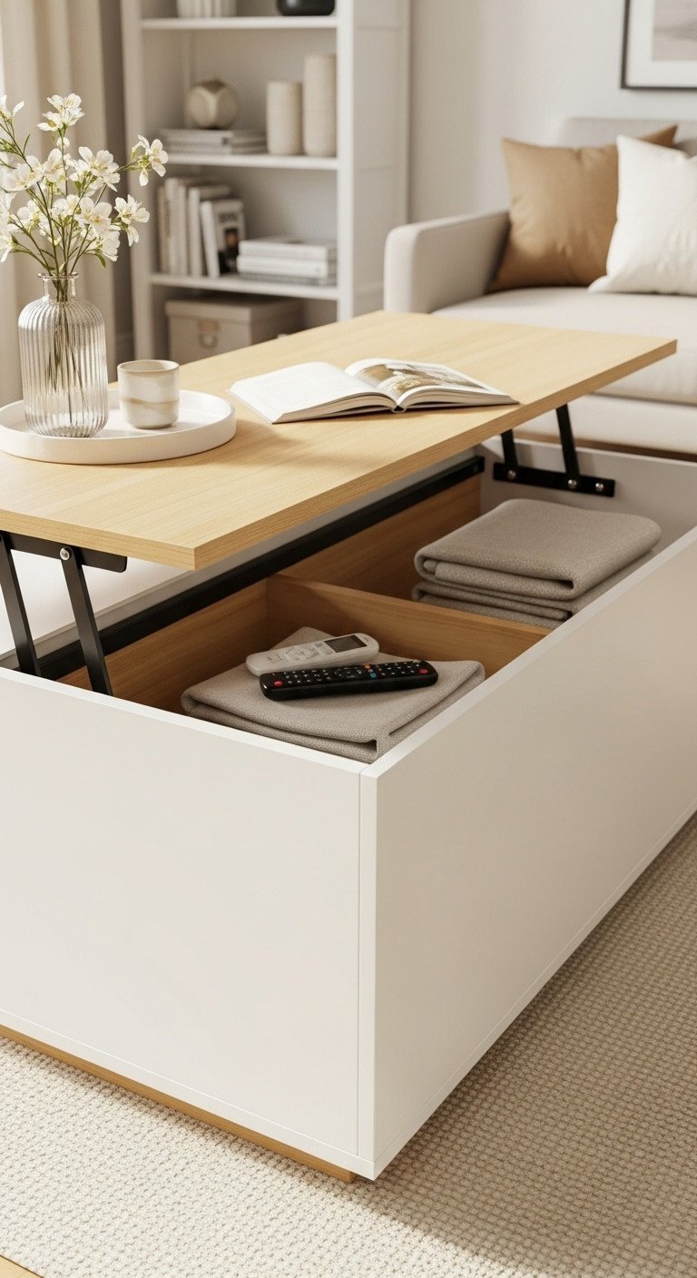 Sleek lift top coffee table with hidden storage, top raised revealing organized compartment in a cozy living room setting.