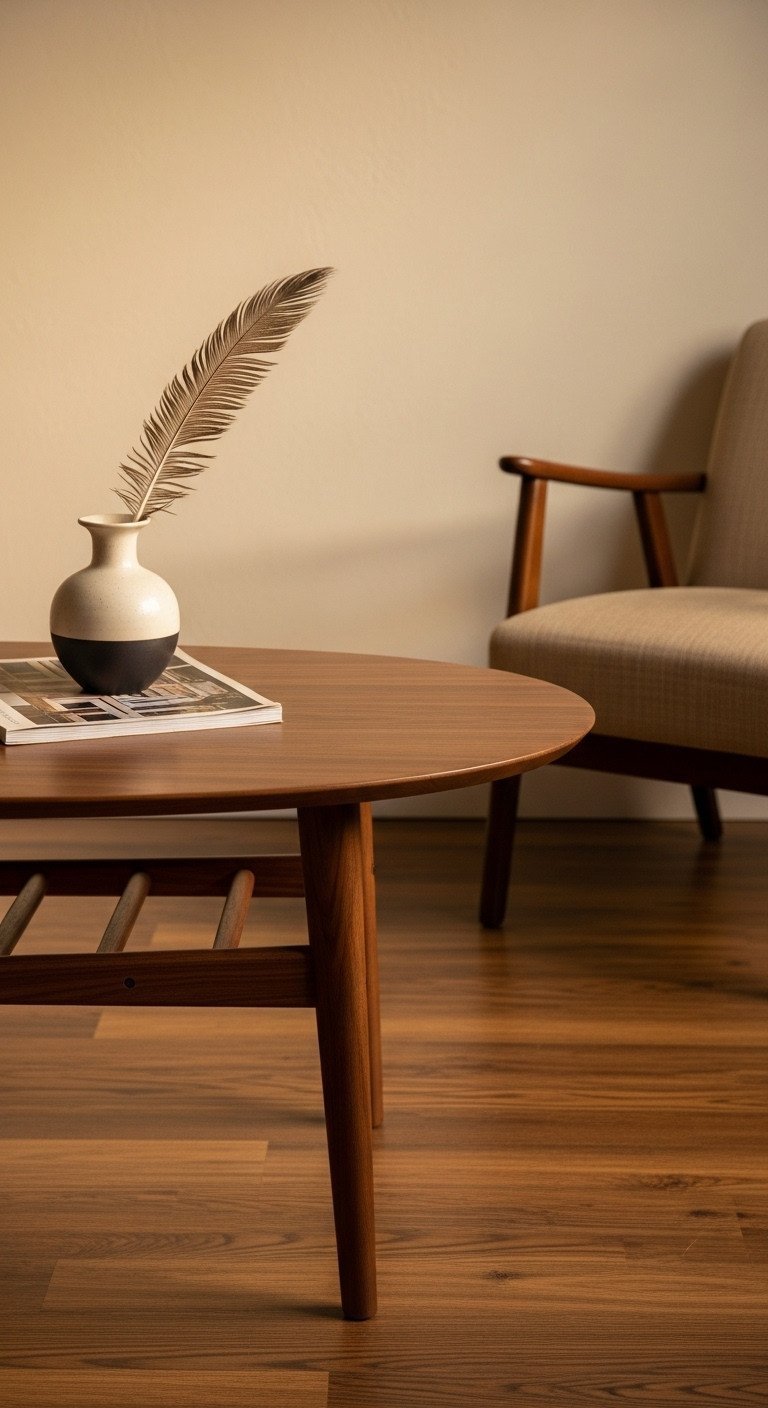 Sleek mid-century modern oval dark walnut coffee table with tapered legs, ceramic vase, and vintage magazine on wood floor.