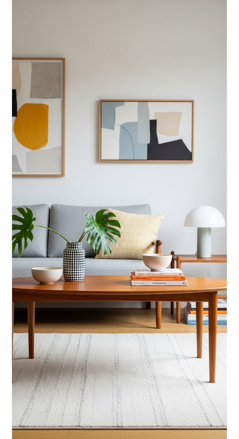 7 Unique Wood Coffee Table Styles For Your Home 3 Sleek mid-century modern teak coffee table with tapered legs, styled with books and a lamp in a minimalist living room.