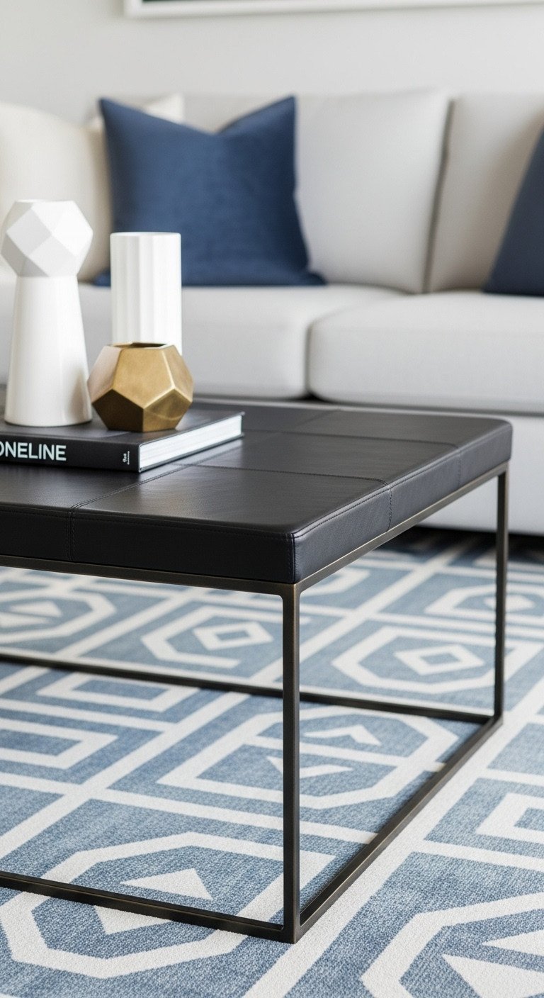 Elevate Your Space With A Luxurious Leather Coffee Table 7 Sleek modern black leather coffee table with a polished metal frame and geometric accessories in a minimalist living room.