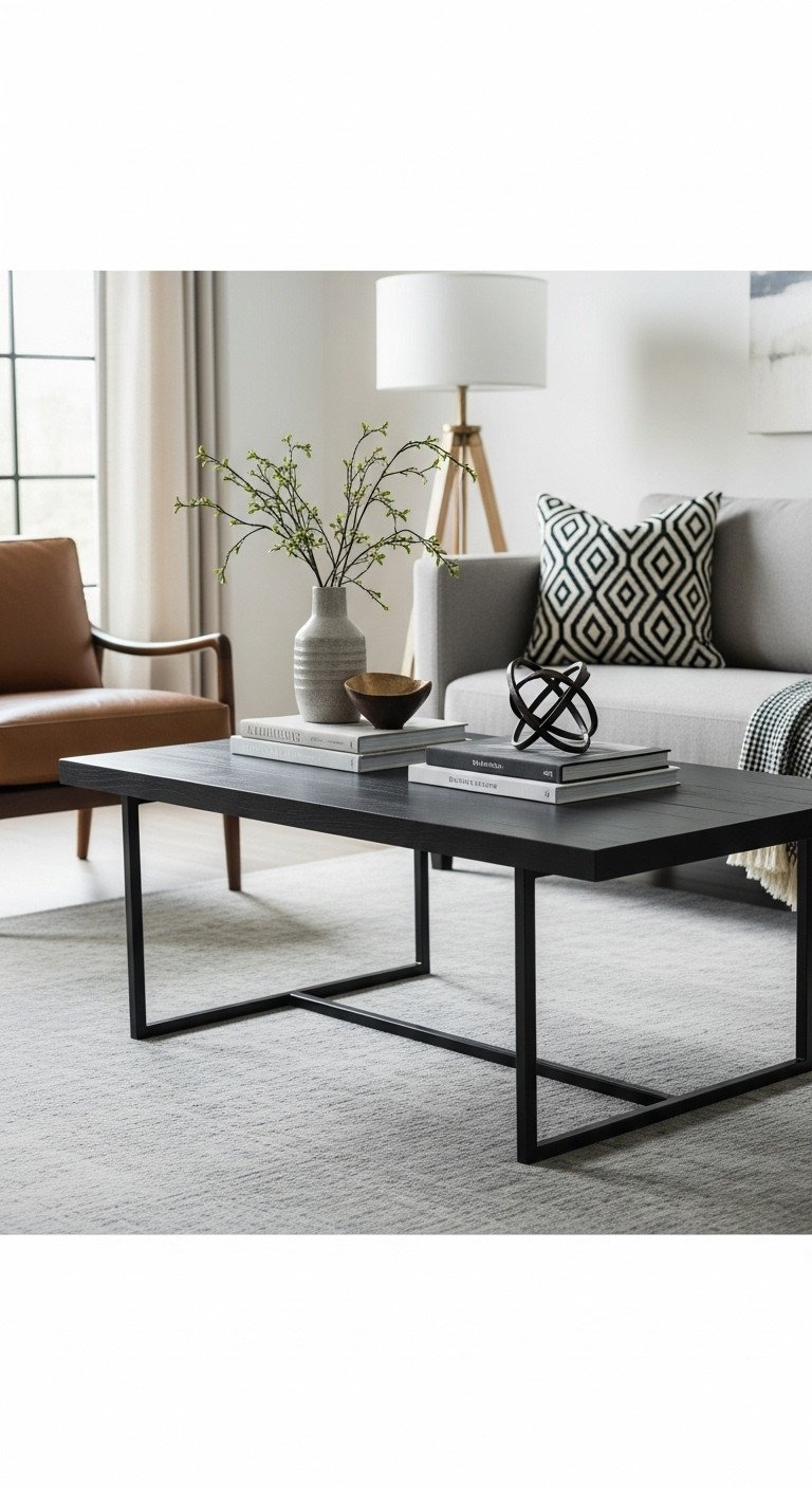 Sleek modern farmhouse coffee table with dark wood top, geometric metal legs, in a contemporary living room.