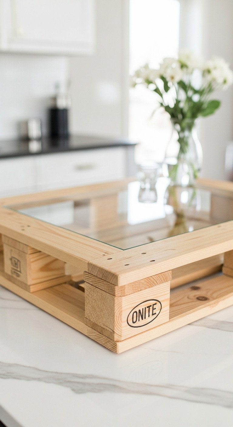 7 Genius Pallet Wood Coffee Table Ideas For Easy DIY 11 Sleek pallet wood coffee table with glass top, light natural stain. Glassware, flowers on white marble, modern room. Whites, natural wood.