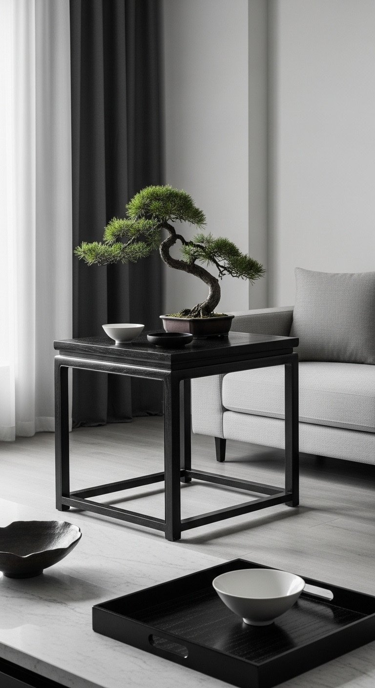 Sleek rectangular black minimalist Japanese coffee table on light floor, bonsai, tray. Elegant, high-contrast living room.