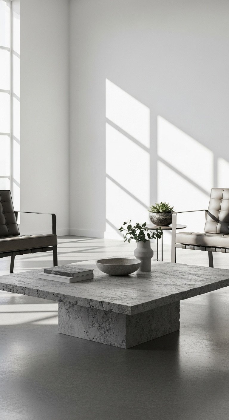 Unique Stone Coffee Table Designs To Transform Any Living Space 3 Sleek rectangular sintered stone coffee table, matte grey finish, contemporary minimalist living room with white walls, concrete floor.