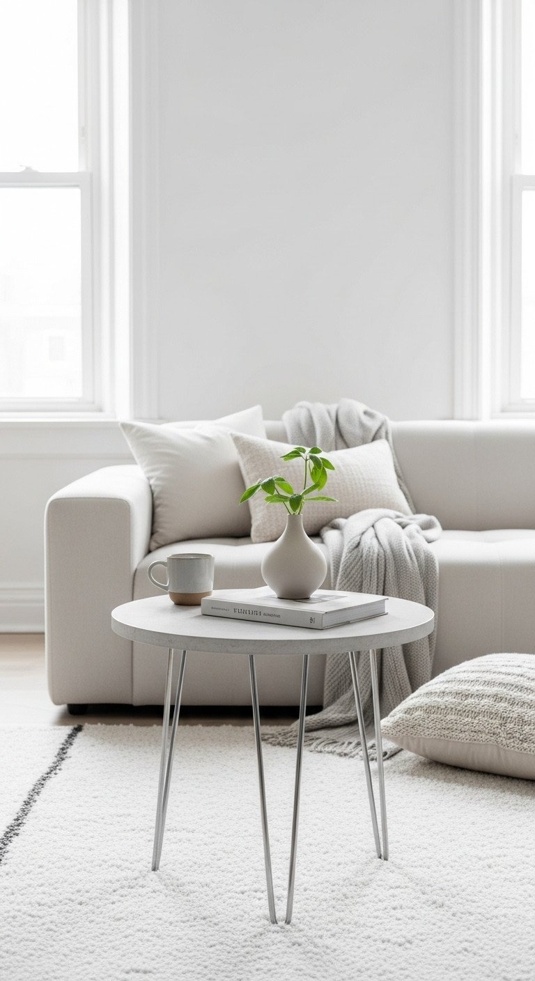 Sleek, round chrome metal coffee table with tapered legs on a plush rug in a bright, minimalist living room with sofa.