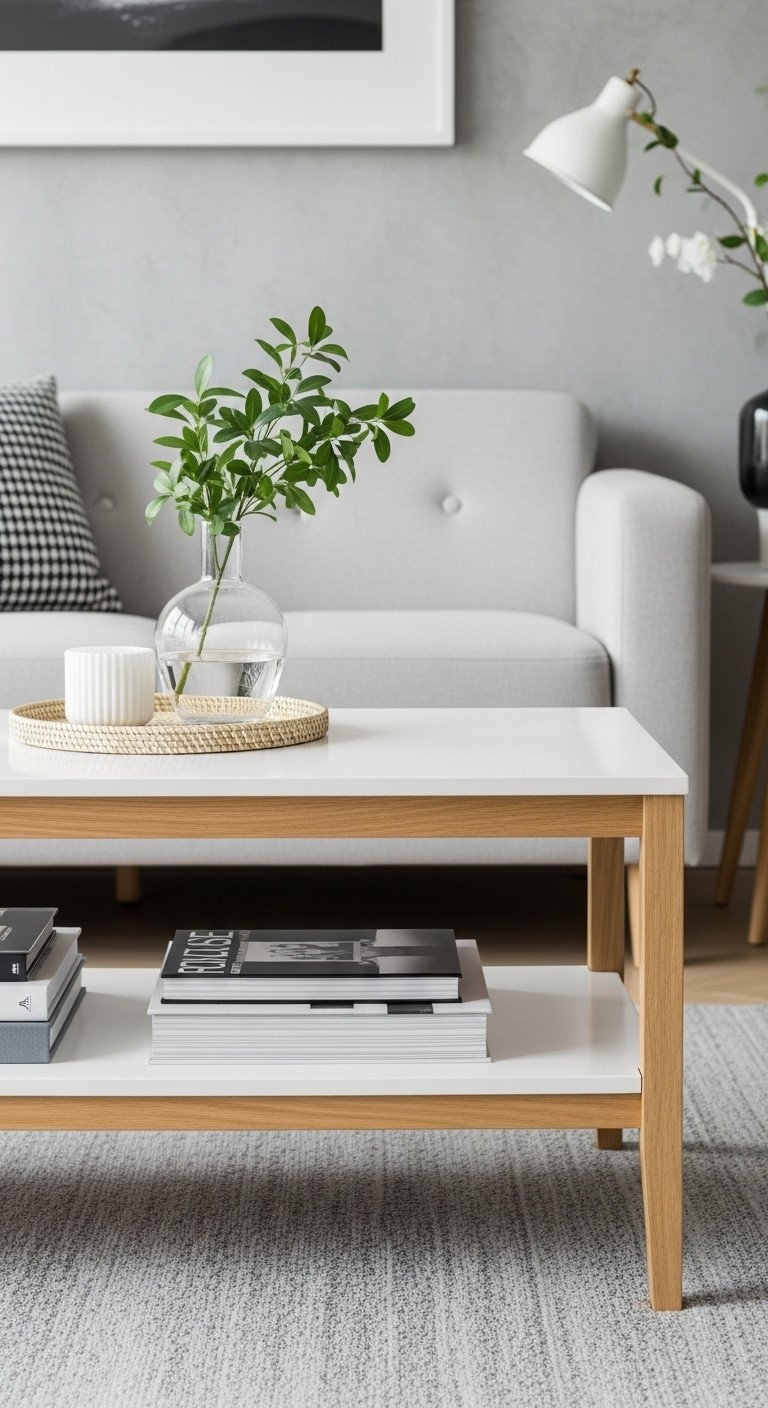 Sleek white high-gloss Scandinavian coffee table, styled with monochromatic books and a vase, in a clean, modern living room.