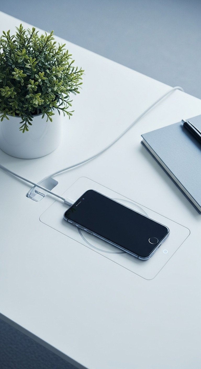 Sleek white smart coffee table, smartphone wirelessly charging. Hidden USB ports ensure a clutter-free, modern minimalist design.