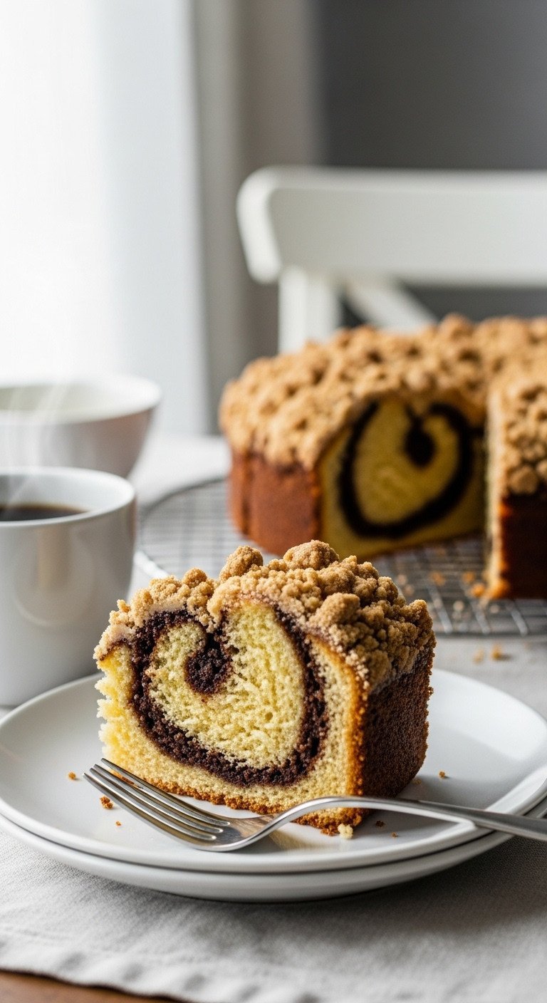 Slice of moist coffee cake on a white plate, showing the cinnamon swirl and thick streusel topping, next to a cup of coffee.