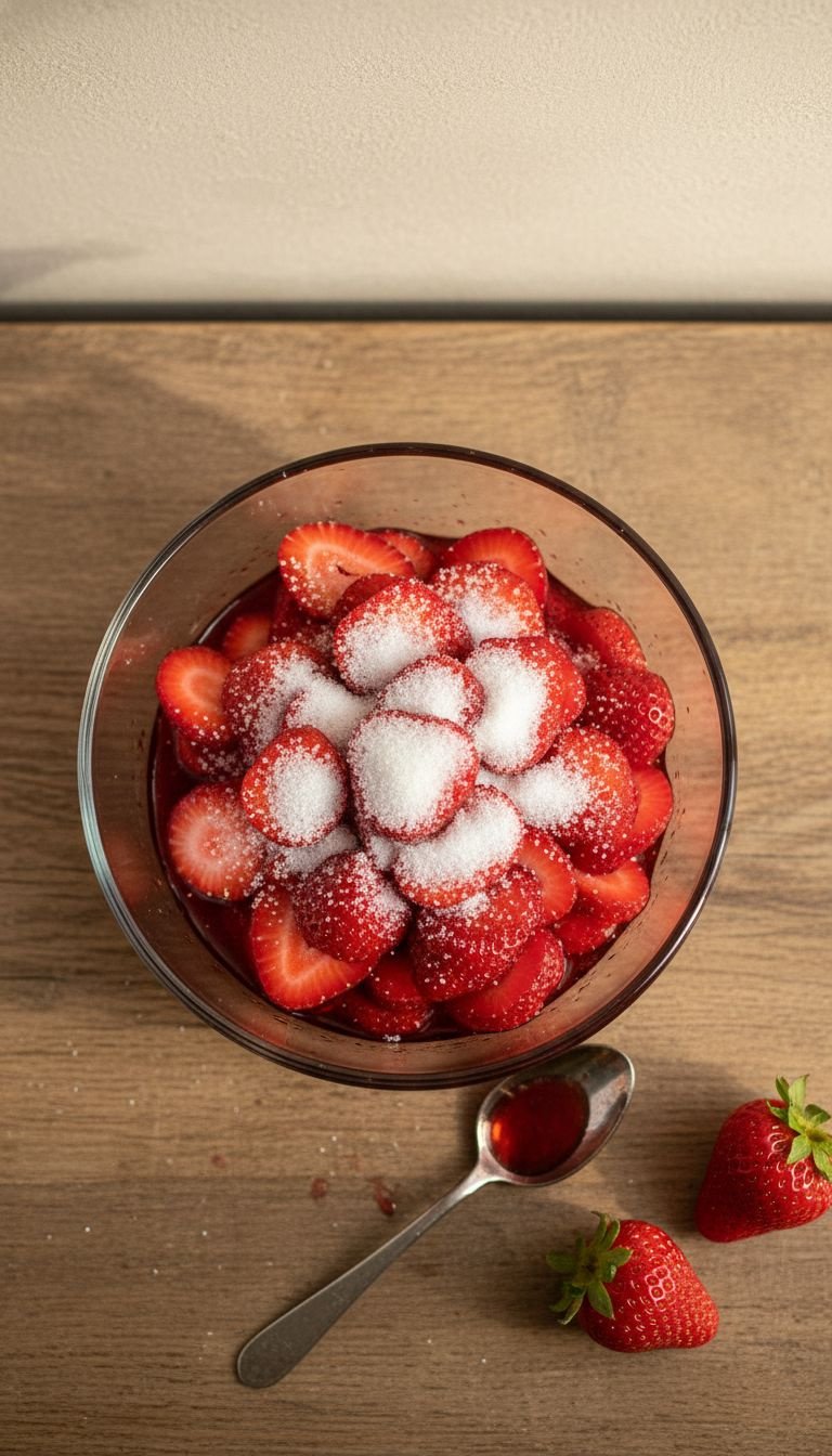 Sliced fresh strawberries with granulated sugar in a glass bowl, forming ruby-red macerated syrup on a rustic table.