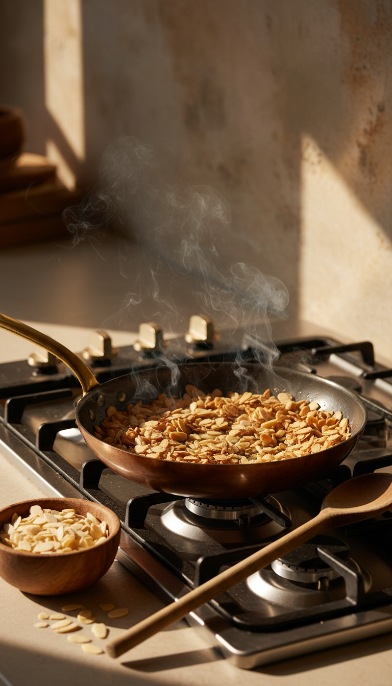 Slivered almonds toasting in an elegant copper pan on a gas stovetop with smoke, preparing homemade almond coffee syrup.