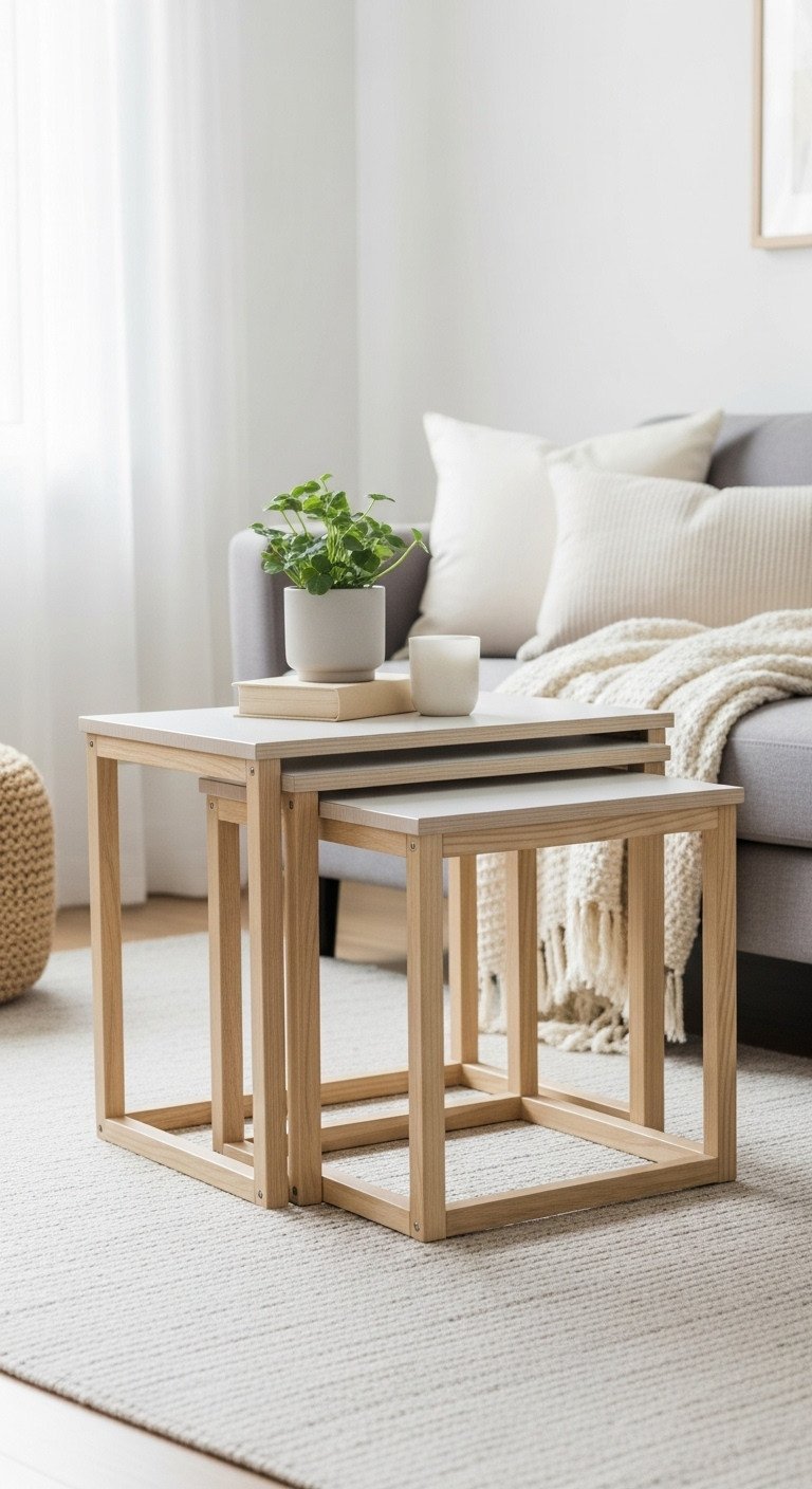 Small apartment living room with nesting coffee tables, maximizing space and storage. White, light wood, and earthy tones.