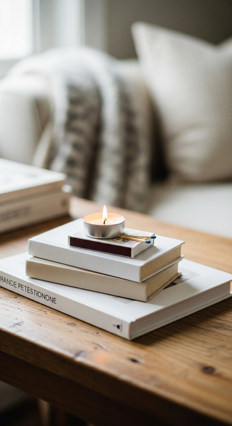 Small decorative white and beige coffee table books stacked with a candle and matchbox, next to a larger volume on wood.