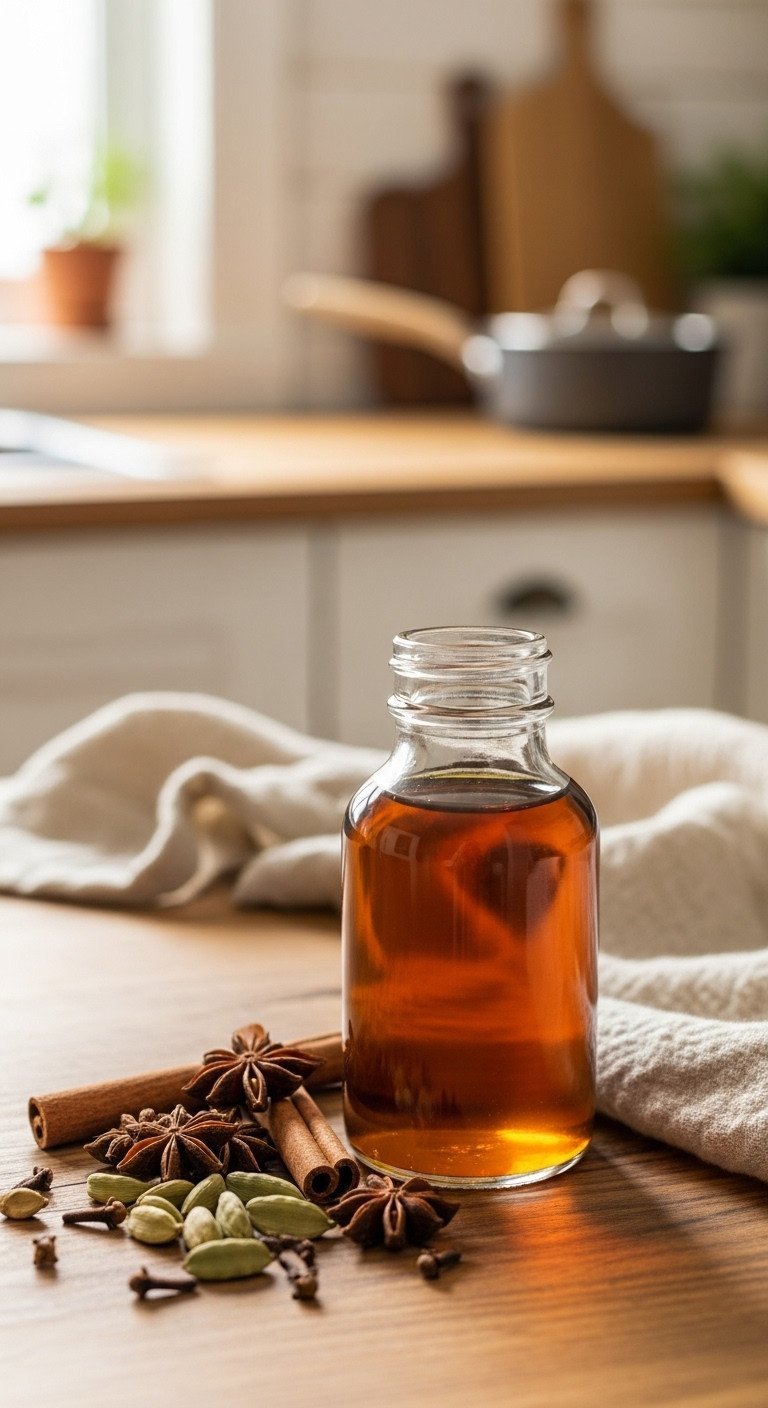 Perfectly Layered Chai Espresso Tonic Recipe You Need To Make 1 Small glass bottle of rich, amber homemade chai syrup next to whole spices like cinnamon sticks on a rustic wooden table.