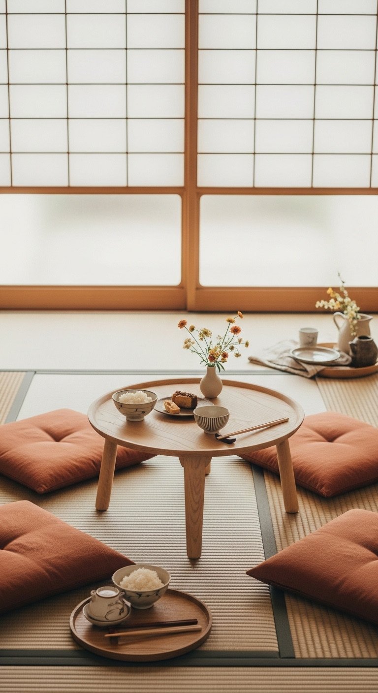 Small round Chabudai table on tatami mats, zabuton cushions, tea set, flower. Authentic Japanese intimate gathering.