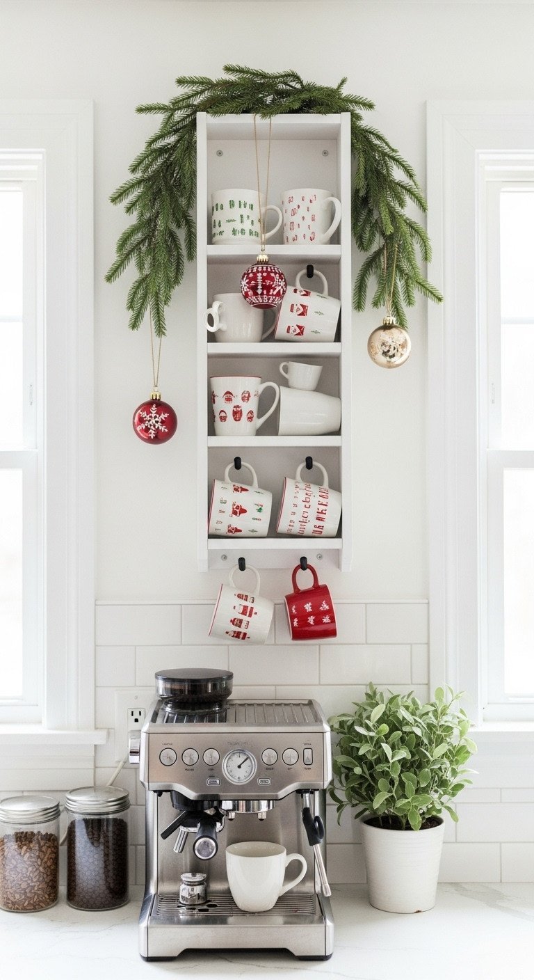 Small space Christmas coffee corner: vertical mug display, wall-mounted hooks, festive mugs, pine garland, coffee machine below.