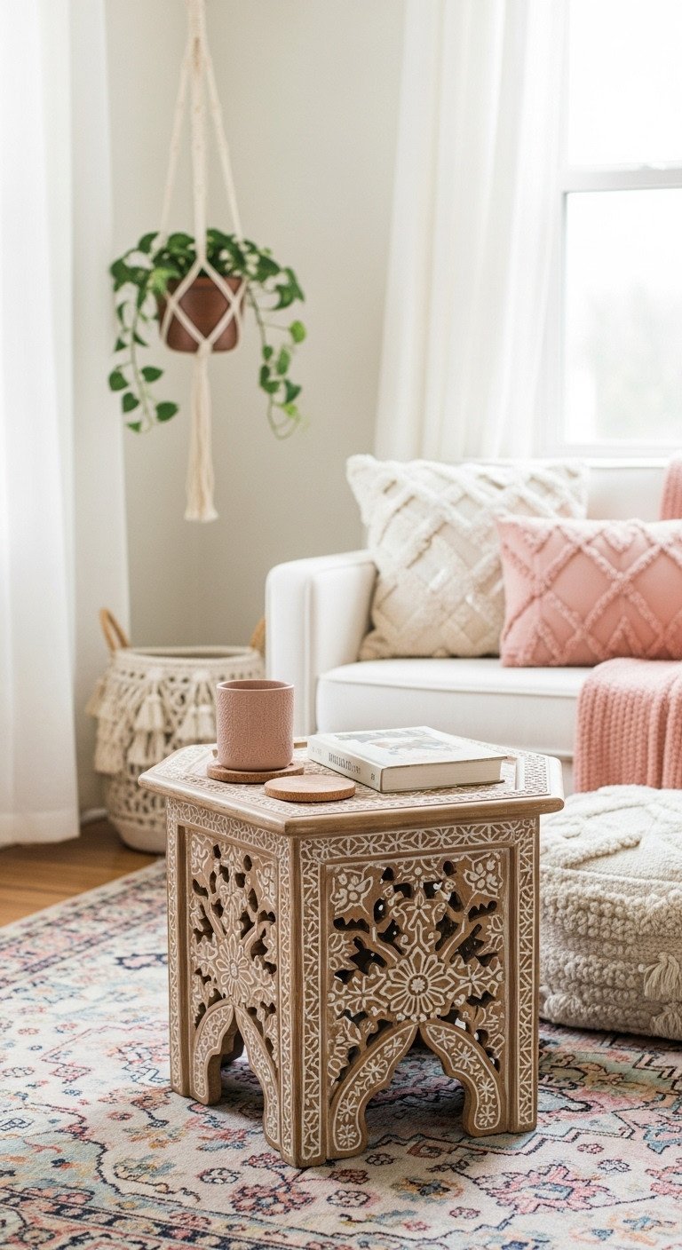 Discover 11 Genius Boho Coffee Table Ideas for Eclectic Homes 15 Small square boho coffee table or pouf, functionally styled with book, coaster in a cozy, organized apartment living space.