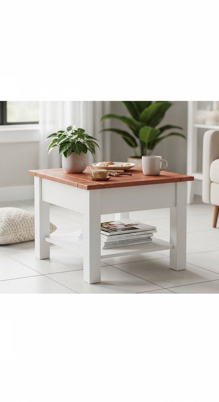 Small square farmhouse coffee table for tiny spaces, compact design. Apartment interior, white tile, coffee mug, houseplant.
