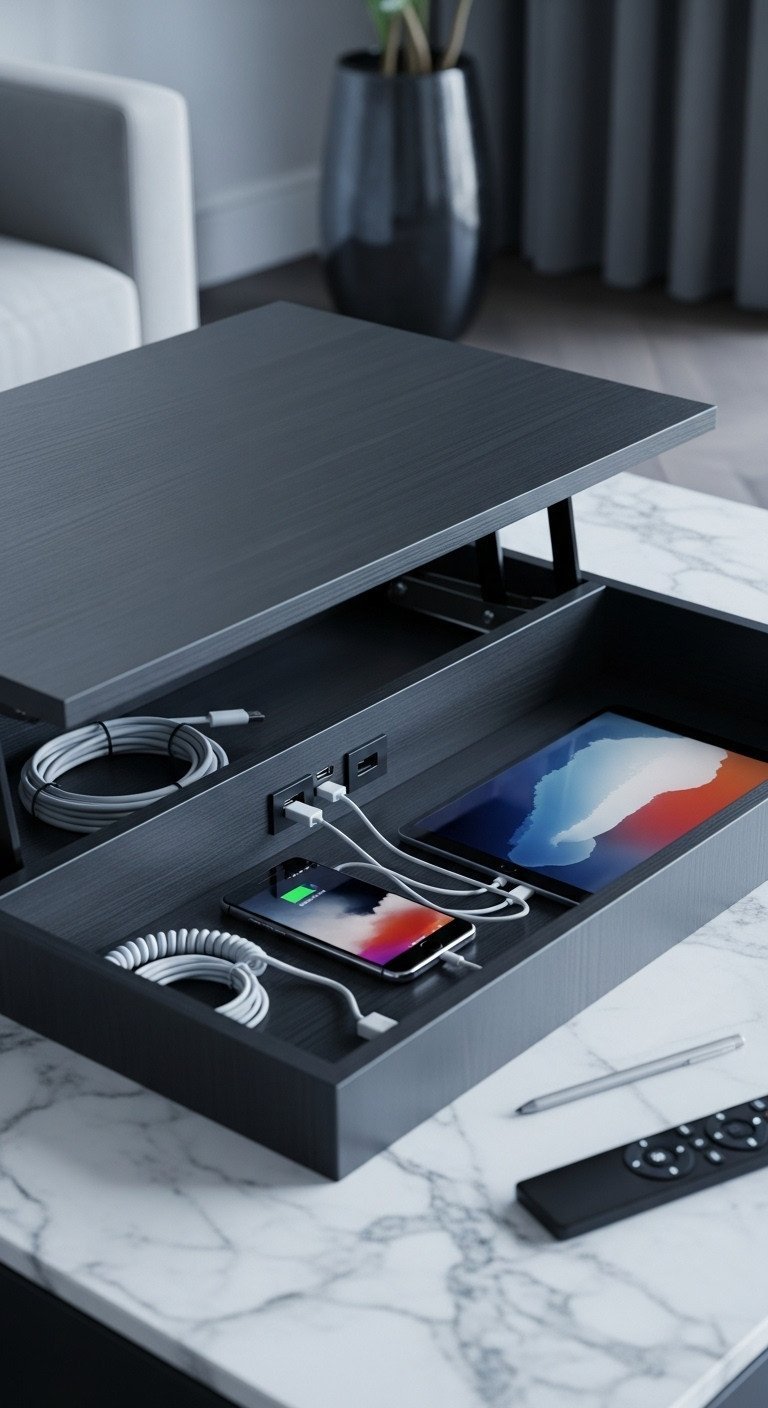 Unlock Genius Storage In A Quality Lift-Top Coffee Table 10 Smart lift-top coffee table, black/gray, revealing charging station with USB ports and outlets, phone and tablet plugged in.