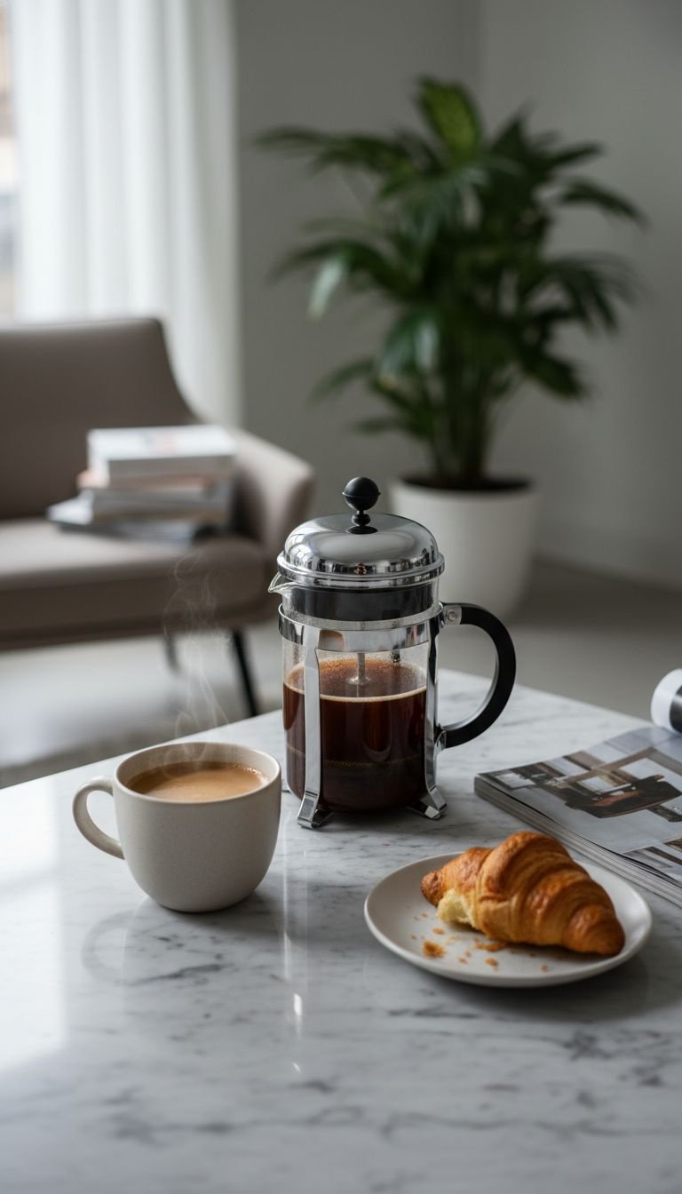 Why Your Coffee Tastes Bad And How To Make It Great 13 Smartphone with a four-minute timer next to a steaming mug of coffee and a notebook, showing the importance of brew time.