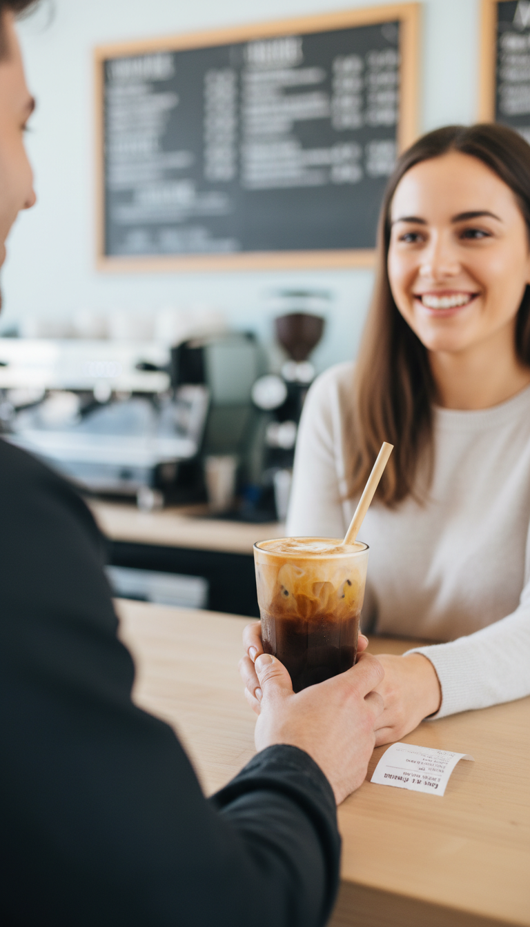 Smiling customer receives personalized vegan iced coffee from a barista at a coffee shop counter. Happy and satisfying.