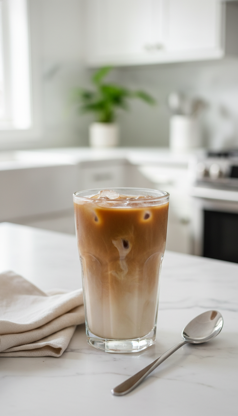 Smooth Hazelnut Mocha iced coffee, creamy, dark brown softened with milk, on white marble counter, bright daylight setting.