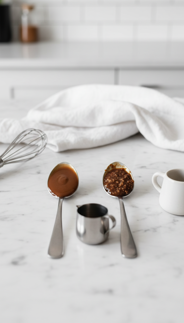 Homemade Mocha Syrup for Rich Iced Coffee Drinks 15 Smooth and grainy mocha syrup on spoons, illustrating texture differences, flat lay on marble with a whisk.