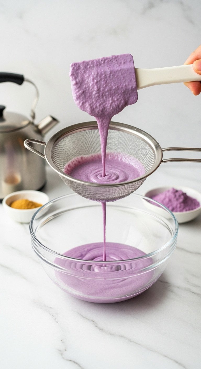 Iced Ube Latte Master Recipe For Vibrant Color And Creaminess 13 Smooth purple Ube base pressed through a fine strainer with a spatula into a glass bowl on marble.