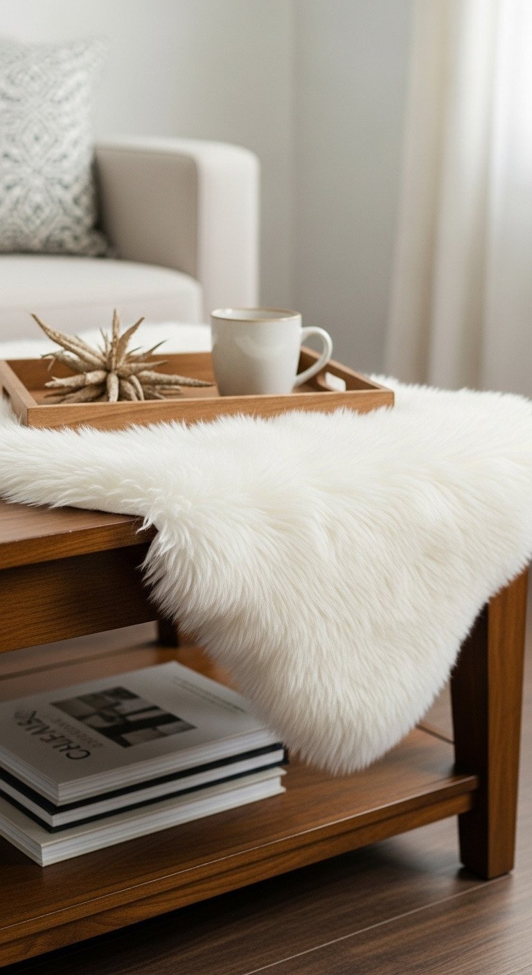 Soft creamy white faux sheepskin rug draped elegantly on dark wood coffee table with books and a ceramic mug.