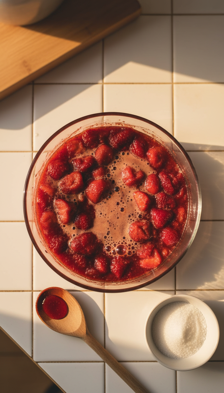 Simple 3-Ingredient Strawberry Coffee Syrup Recipe 3 Softened strawberries simmer gently in thickening reddish syrup in a saucepan. Homemade fruit syrup bubbling on a white tile kitchen counter during golden hour.