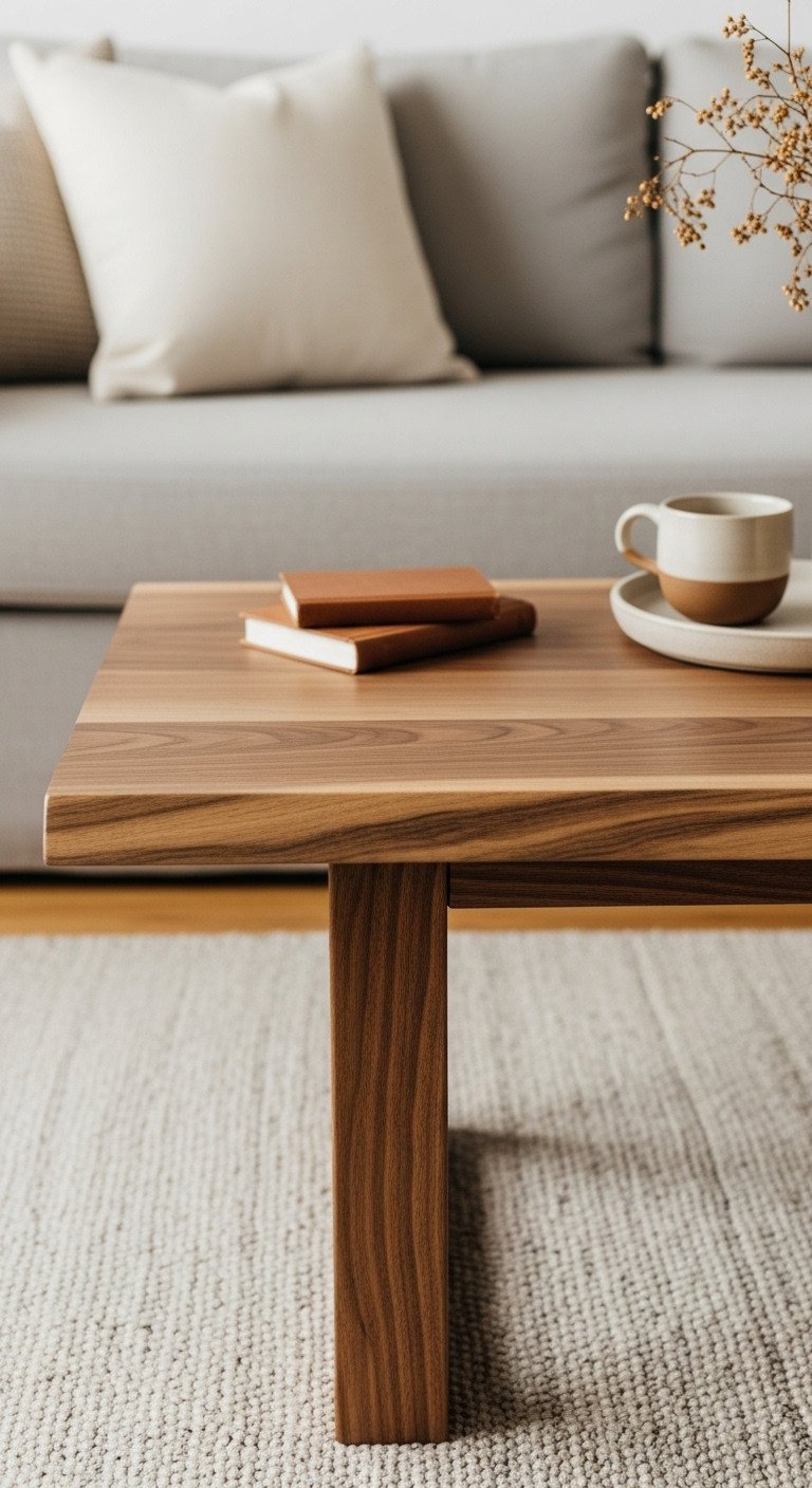 Solid wood slab coffee table with walnut finish, Scandinavian design, on a textured rug in a cozy living room.
