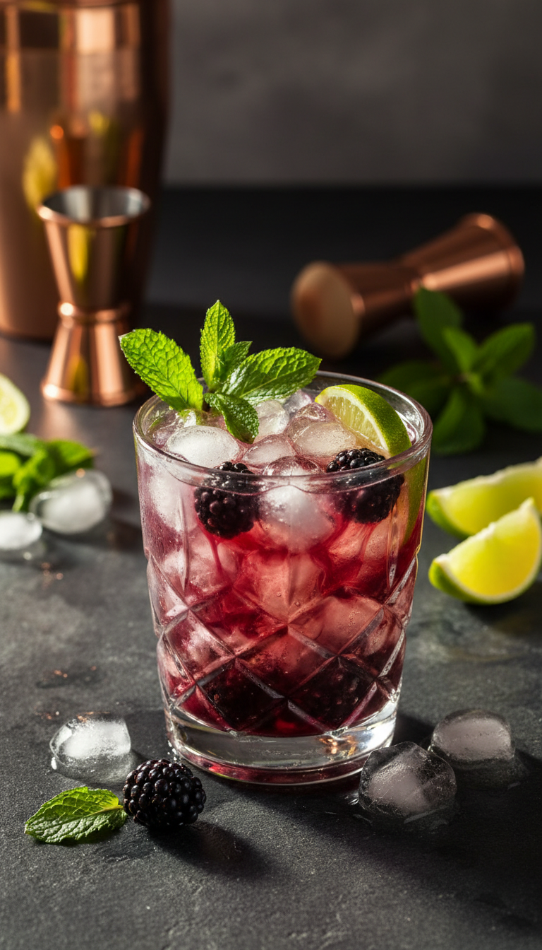 Homemade Blackberry Coffee Syrup: Easy & Delicious Recipe 13 Sophisticated Blackberry Gin Smash cocktail in a rocks glass with crushed ice, fresh mint, and lime on a dark stone surface.