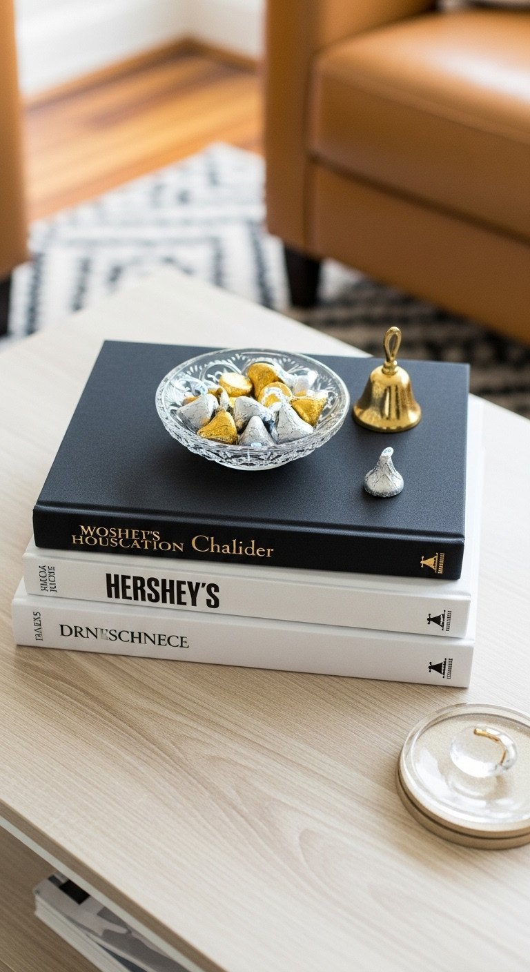 11 Glam Christmas Coffee Table Decor Ideas For Stunning Style 14 Sophisticated Christmas decor: stacked black, white, gray coffee table books, jewel dish with gold/silver candy. Elegant holiday styling.