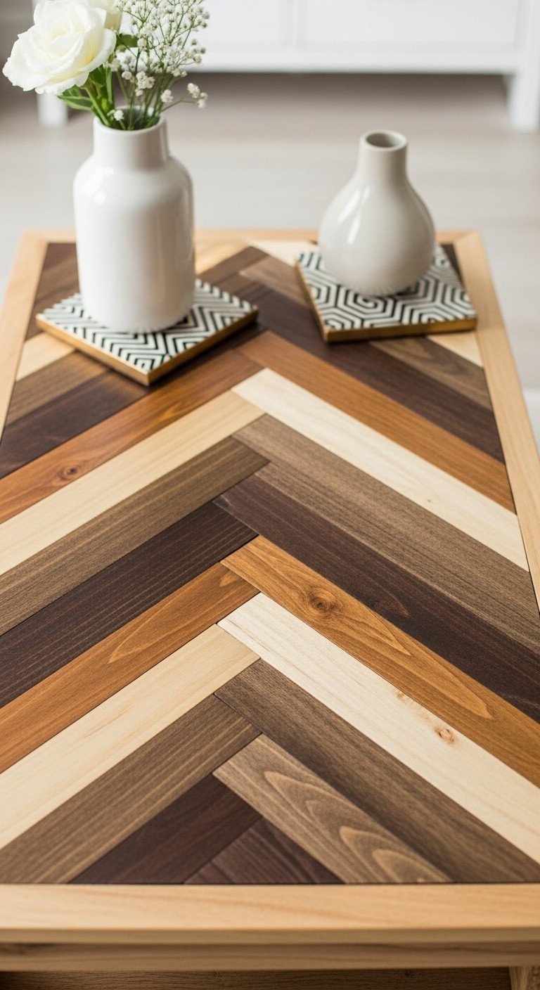 DIY Pallet Coffee Table Transform Pallets Into Stunning Furniture 7 Sophisticated DIY pallet coffee table with intricate herringbone pattern, reclaimed wood, dark stain and elegant decor.